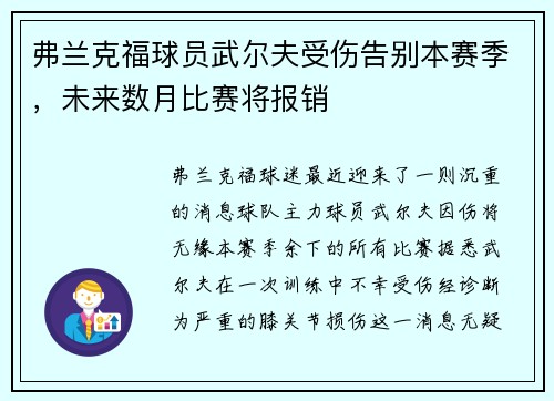 弗兰克福球员武尔夫受伤告别本赛季，未来数月比赛将报销