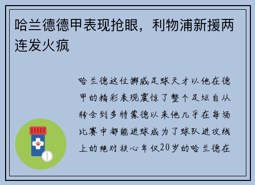 哈兰德德甲表现抢眼，利物浦新援两连发火疯