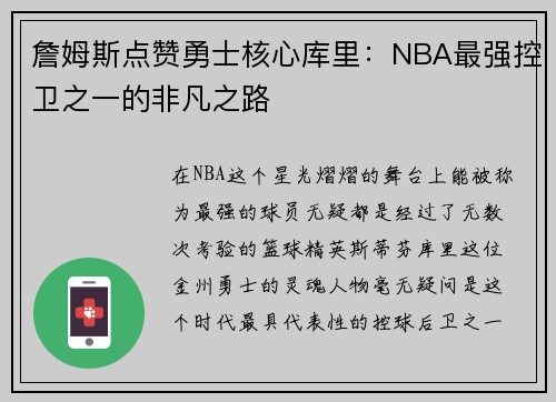 詹姆斯点赞勇士核心库里：NBA最强控卫之一的非凡之路