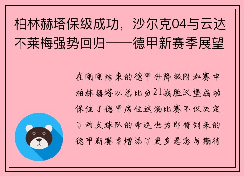 柏林赫塔保级成功，沙尔克04与云达不莱梅强势回归——德甲新赛季展望